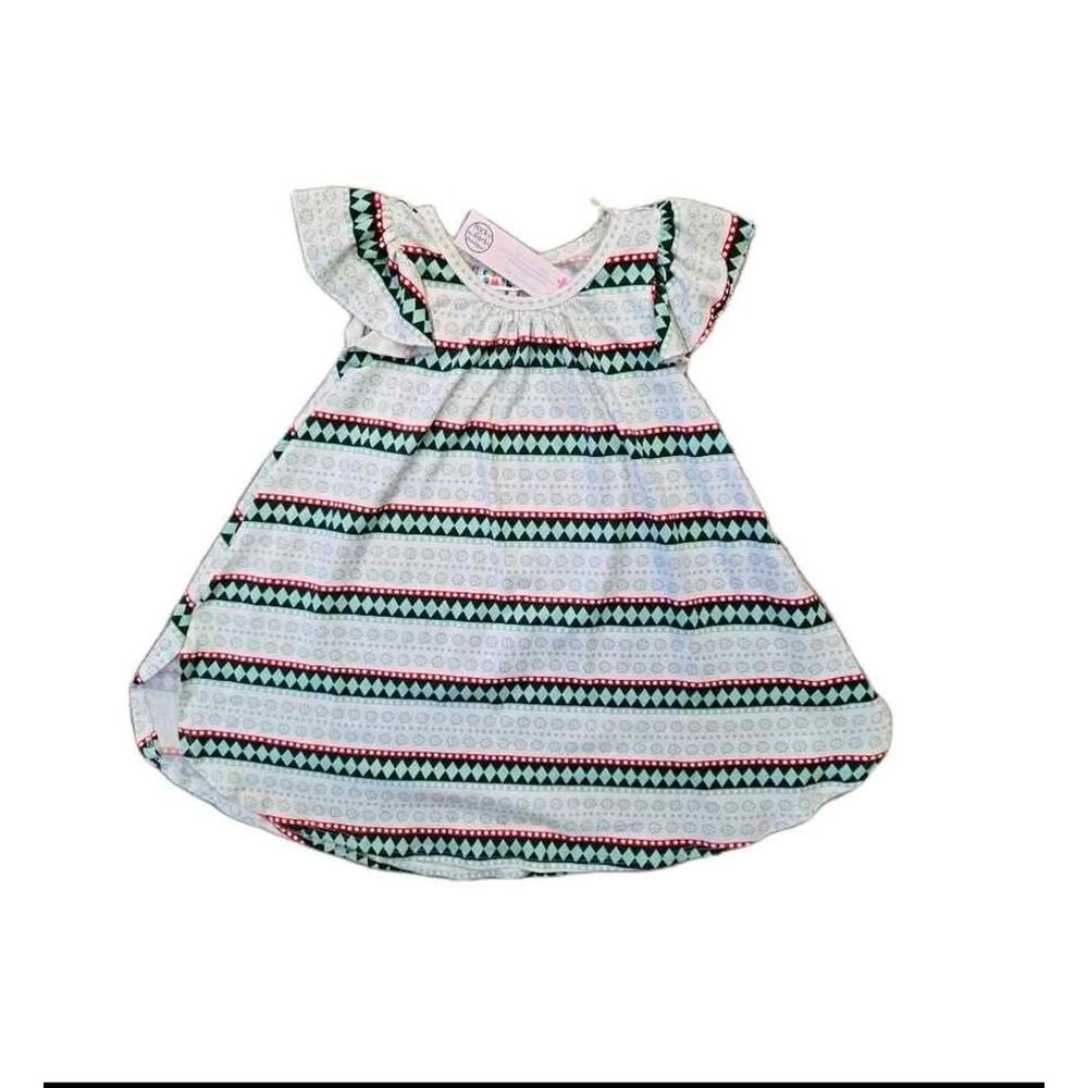 DotDotSmile Geometric Floral Flutter Sleeve A-Line Dress Green Red White‎ 2T